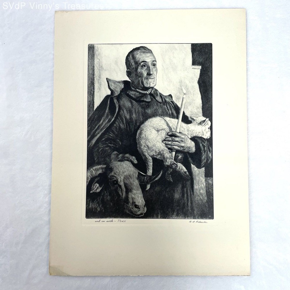 VTG R.H. Palenske "And on Earth Peace" Religious Print Monk Lamb Cow Black White